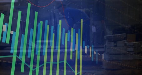 Wall Mural - overlaying financial chart on office desk, with electronics showing bars, trendline, cables, boards