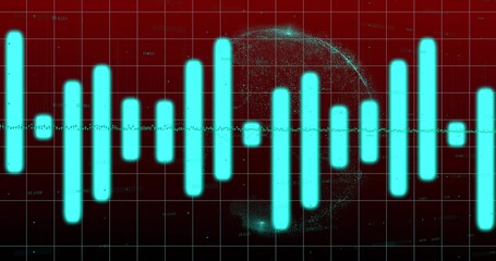 Wall Mural - displaying cyan waveform bars pulsing across dark red grid screen, with globe and numeric labels