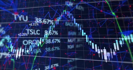 Wall Mural - Showing candlestick, line graphs with %, ticker labels on trading screen grid, network node overlay