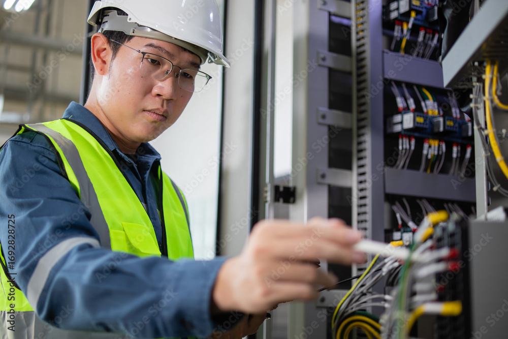 Electrician works diligently at substation ensuring panel is properly