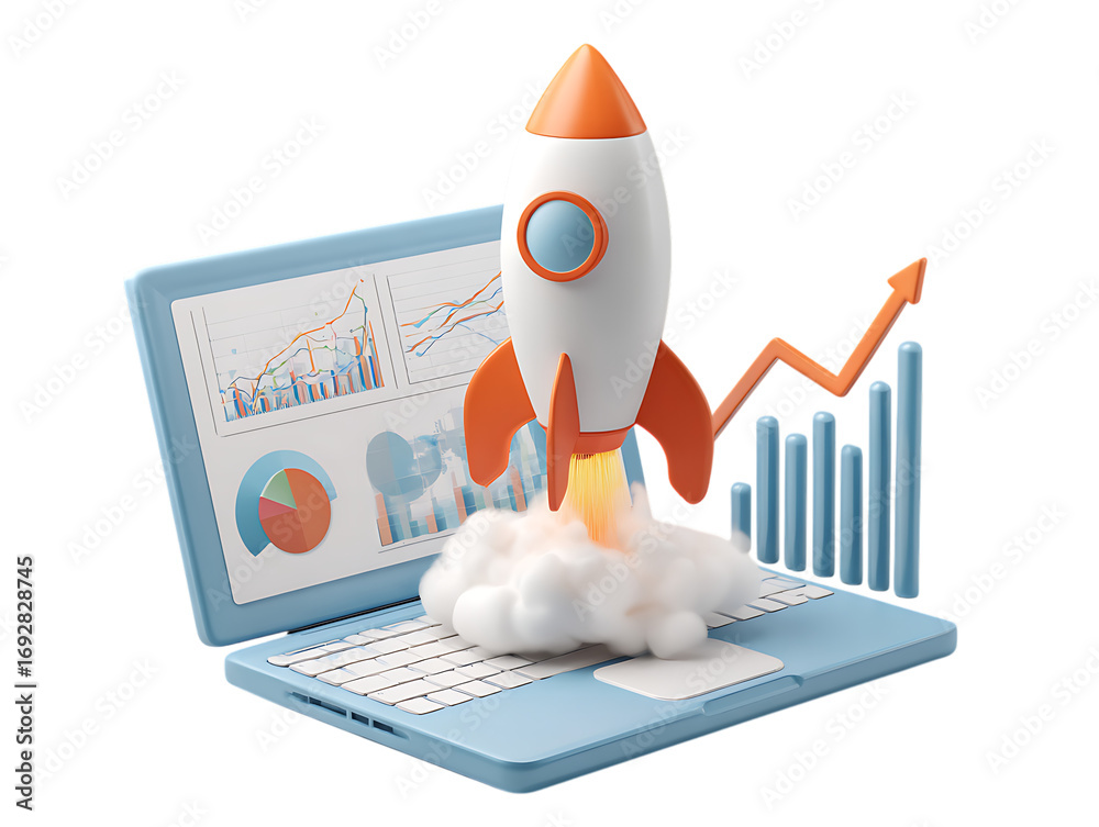 Rocket launching from laptop screen with growth charts. Symbolizes ...