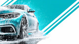 modern car wash banner with blue splashes and clean vehicle