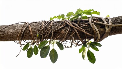 messy jungle vines liana plant climbing hanging on jungle tree trunk and twisted around tree branch 