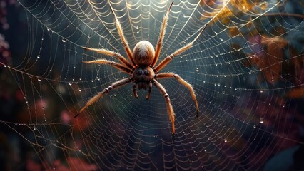 Luminous Arachnid Poised on a Glistening Web Adorned with Morning Dew