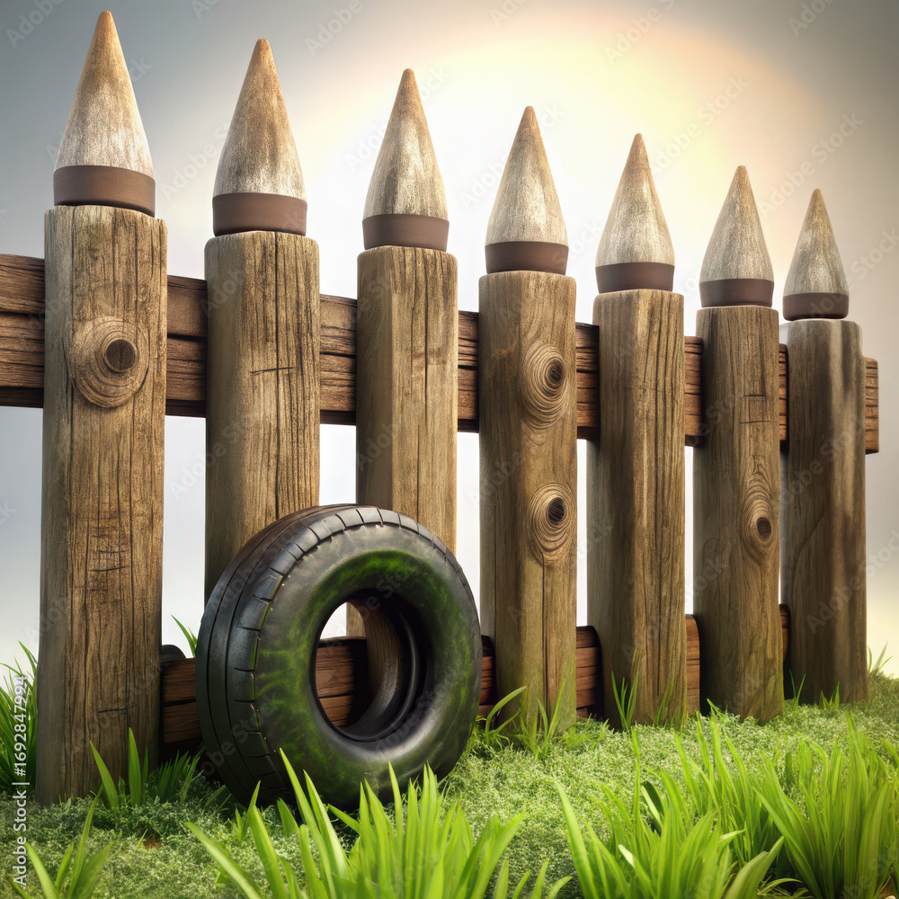 Rustic wooden fence with pointed tops and a worn tire lying in the ...