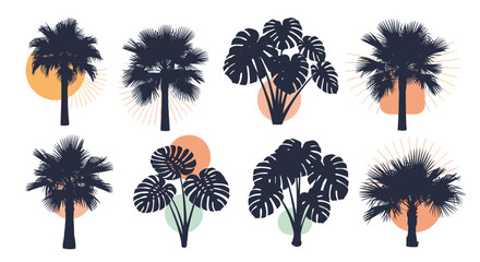 Tropical palm tree and monstera plant silhouettes with abstract sunburst shapes