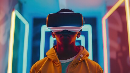 Young developer using virtual reality (VR) technology in a modern office.