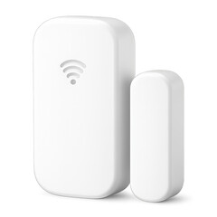 Photo of a white wireless door or window sensor with a wifi symbol, consisting of two parts, isolated on a transparent background