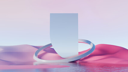 Wall Mural - 3d render, Abstract surreal landscape with geometric tower and silver ring on pastel background
