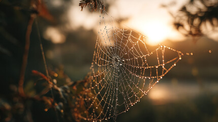 A spiderweb covered in water droplets with a bright light in the background scene