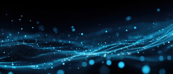 Abstract digital wave of light blue particles on dark background