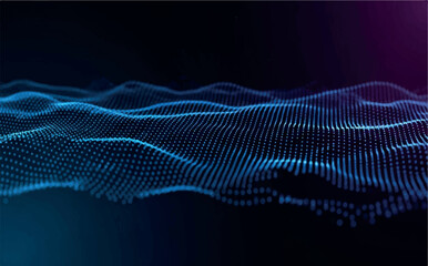 Abstract blue digital wave pattern of glowing particles on a dark background, representing data flow and technology