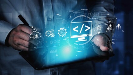 Modern web development concept featuring coding symbols, web development process, web development interface, and web development tools with futuristic design. Muxer