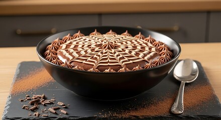 Decadent chocolate cake with intricate white frosting spiderweb design served in a black bowl with a spoon