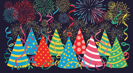 Vibrant celebration with colorful patterned party hats, confetti, and exploding fireworks.