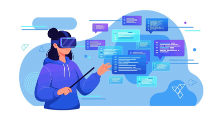 Woman presenting virtual reality code in abstract blue environment technology concept