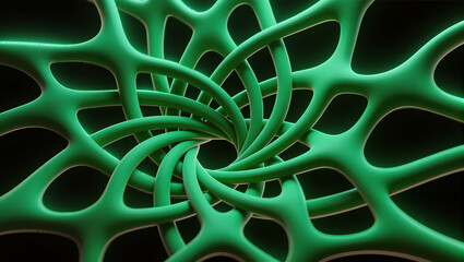 An abstract, macro image of a glowing, bright green geometric network or mesh. The intricate, web-like pattern swirls into a central point, creating a surreal and futuristic design.