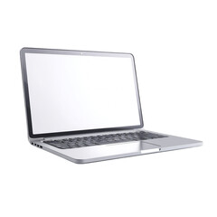 Photorealistic studio shot of a silver laptop with a blank screen open on a dark surface isolated on transparent background