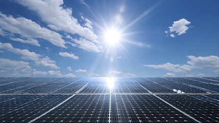 Solar panel array reflects the bright sun under a blue sky with scattered clouds, creating a sustainable energy landscape