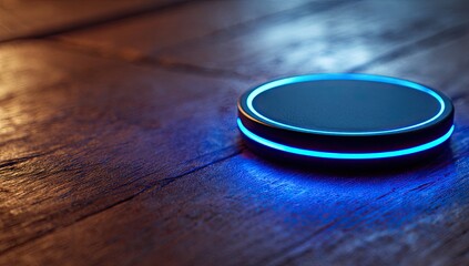 Illuminated circular object on a wooden surface