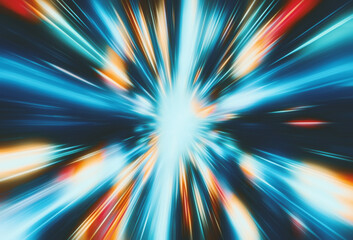 Wall Mural - Dynamic abstract digital illustration in a futuristic style, featuring blue, orange, and white colors with radiating light streaks and blurred motion. The image emphasizes speed and energetic movement
