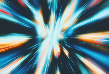 Wall Mural - Dynamic abstract digital illustration in a futuristic style, featuring blue, orange, and white colors with radiating light streaks and blurred motion. The image emphasizes speed and energetic movement
