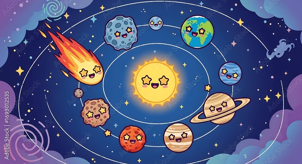 Cute Kawaii Solar System Cartoon Illustration. Stock Photo | Adobe Stock