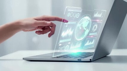 Hand interacting with holographic digital interface above laptop. Virtual reality dashboard, futuristic touchscreen technology. Advanced data visualization, augmented business analytics concept.