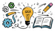 © Akhtar - Bright idea lightbulb glowing with concept and creativity illustrated by gears pencils and open book sparking inspiration for innovation