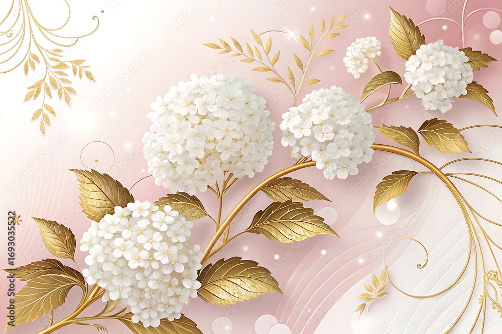 AI generated image of 3D luxury white hydrangeas with golden leaves on ...