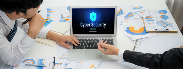 Cyber security system on computer screen protect private information brisk from hacker and cyber attack