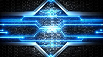 Futuristic Tech Background: Glowing Blue Lines on Metallic Grid