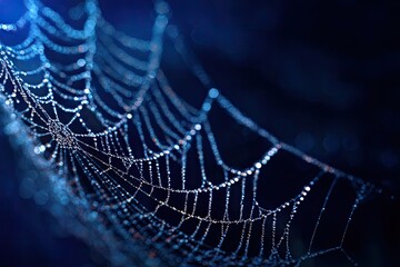 Dew-kissed spider web in deep blue