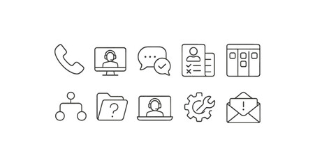 Communication, customer support line icon set. essential tools and contact symbols