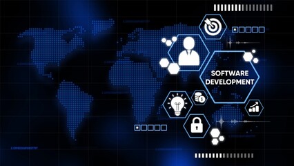 Global Software Development Concept with Icons and World Map Digital Interface technology