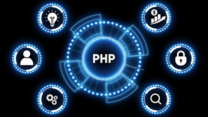 PHP programming language concept with glowing digital interface and icons for business and technology