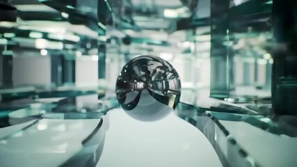 Reflecting Metal Sphere Traversing Glassy Geometric Structure in Seamless 3D Render