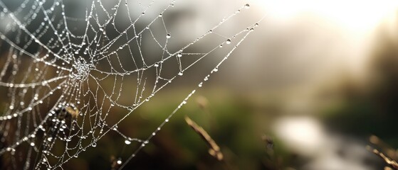 DewKissed Spiderweb in Morning Light, Natures Delicate Trap, Sparkling Web