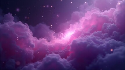 Wall Mural - Luminous purple and pink nebula clouds with sparkling stardust in a dark cosmic sky. Ethereal fantasy digital art background, a dreamy and mystical celestial scene.