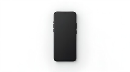 Sleek black smartphone with a blank screen, top-down view on a pure white background. Modern minimalist mobile phone product photography, clean tech device.