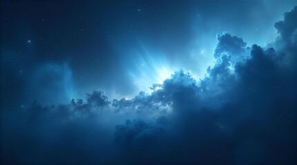 Wall Mural - Ethereal deep blue night sky with dramatic, glowing clouds and twinkling stars, bathed in mystical celestial light rays, creating a serene and dreamy atmospheric fantasy scene.
