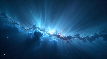 Wall Mural - Ethereal Deep Blue Cosmic Nebula with Divine Light Rays and Scattered Stars Stunning Abstract Fantasy Space Art Background Wallpaper for Desktop and Mobile Devices