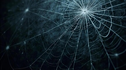 Intricate glowing spider web on a dark, mysterious background. Detailed radial cobweb with ethereal light points, perfect for spooky or abstract designs.