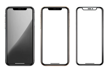 Three smartphones, each a different color (black, gold, silver), displayed vertically, showing blank screens