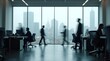 © TShirt Empire - Dynamic modern corporate office interior with motion blurred business professionals working and moving by large windows overlooking a bustling city skyline.
