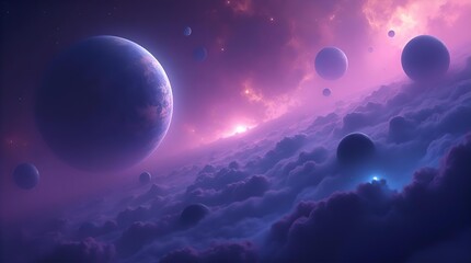 Wall Mural - Breathtaking ethereal cosmic landscape with multiple alien planets above a vast sea of glowing purple and pink clouds, illuminated by a distant sun. Dreamy sci-fi art.