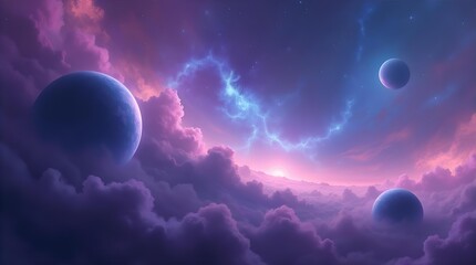 Wall Mural - Stunning Ethereal Purple Pink Blue Cosmic Sky with Multiple Planets and Glowing Nebula Clouds Fantasy Sci-Fi Digital Art Landscape Dreamy Alien World Horizon