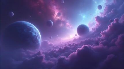 Wall Mural - Stunning purple and blue cosmic landscape art featuring planets floating gracefully amidst vibrant, swirling nebulae clouds. An ethereal, dreamy fantasy space scene.