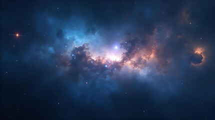 Wall Mural - Vibrant cosmic nebula with glowing blue and orange gas clouds, scattered stars, and a bright luminous core in a majestic deep space astronomy image, perfect for science art.