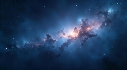 Wall Mural - Stunning deep blue nebula in outer space with glowing orange and gold cosmic dust clouds and scattered stars, an ethereal high-resolution astronomical galaxy wallpaper.